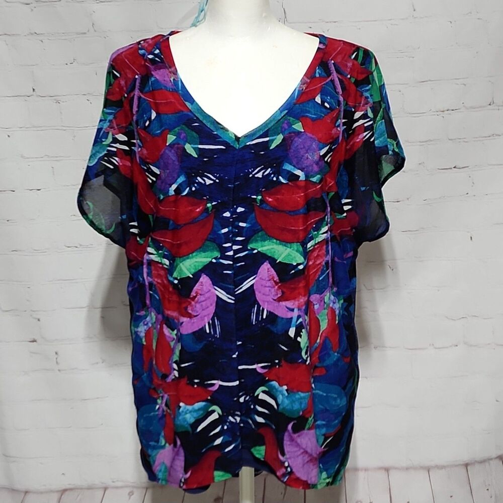 Dana Buchman Tropical Floral Print V-Neck Blouse Plus Size XL